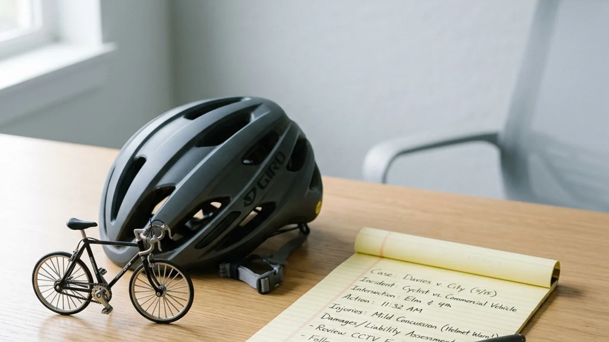 A bicycle helmet and clipboard on a road representing accident investigation.