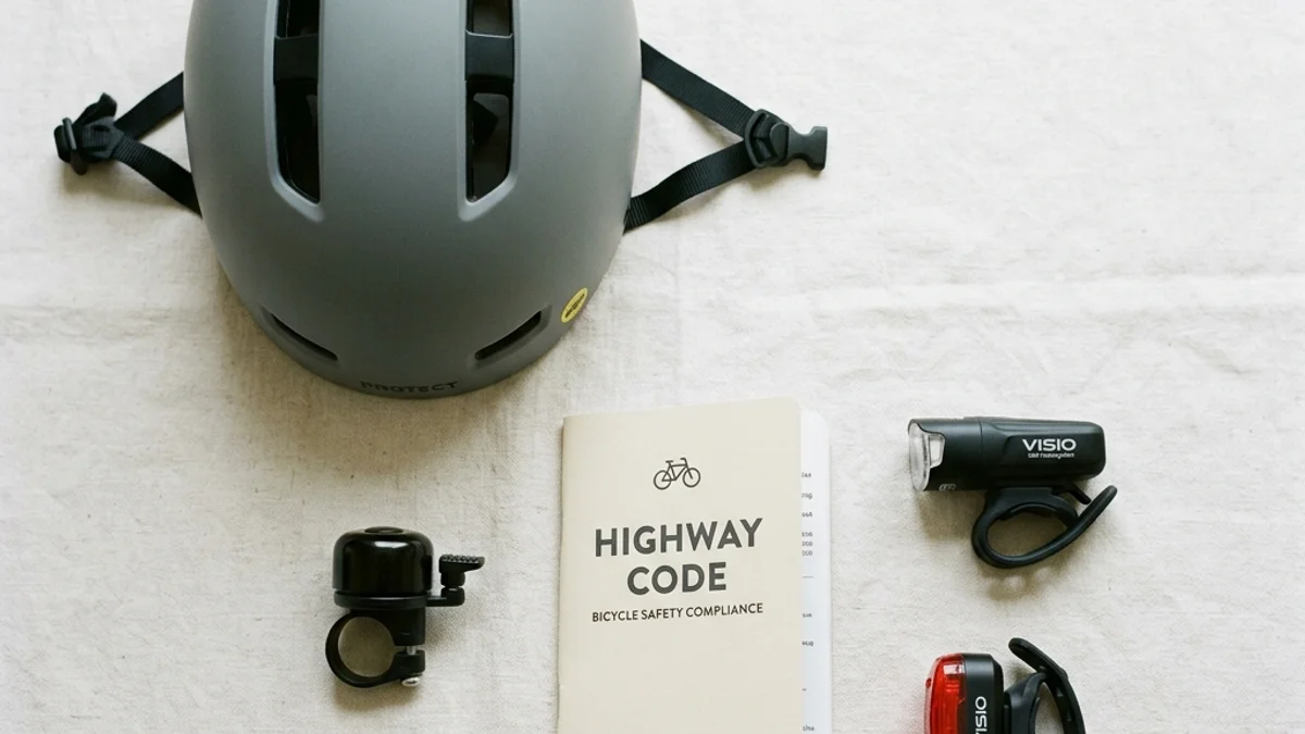 Safety gear and lights laid out next to a bicycle rules booklet.