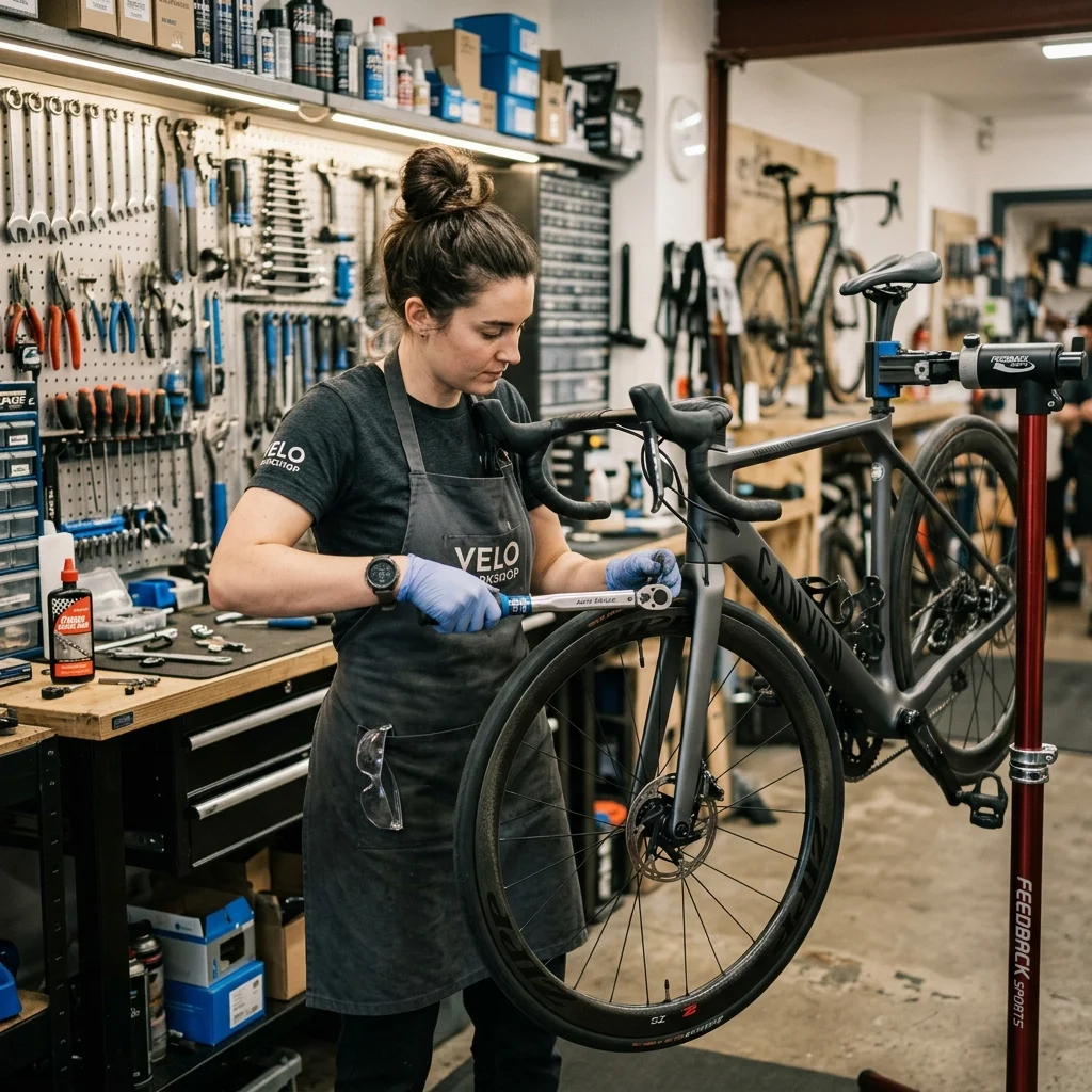A bike mechanic working on a carbon road bike in a professional shop workshop.