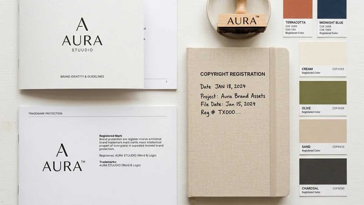 Branding guidelines booklet and sketches on a creative desk.