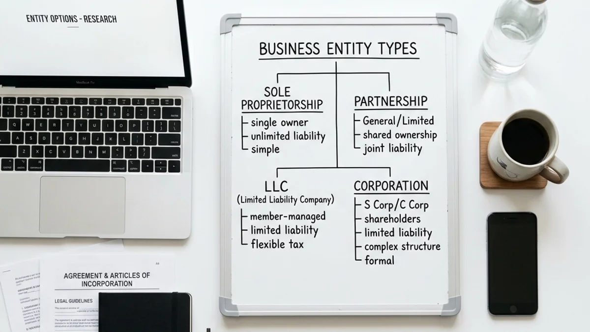 A startup planning desk with business structures guidelines, laptop, and coffee.