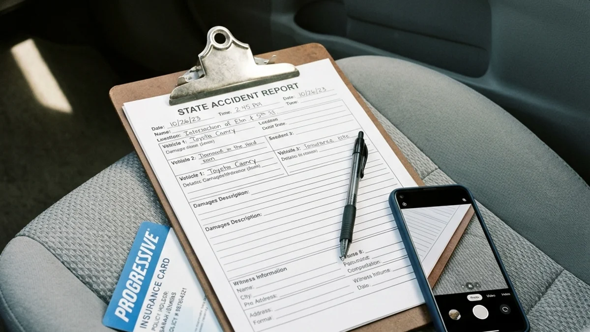 Clipboard with an accident report form sitting on a car seat.