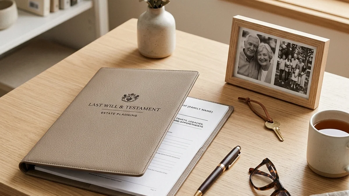Last Will and Testament folder on a desk with glasses and keys.
