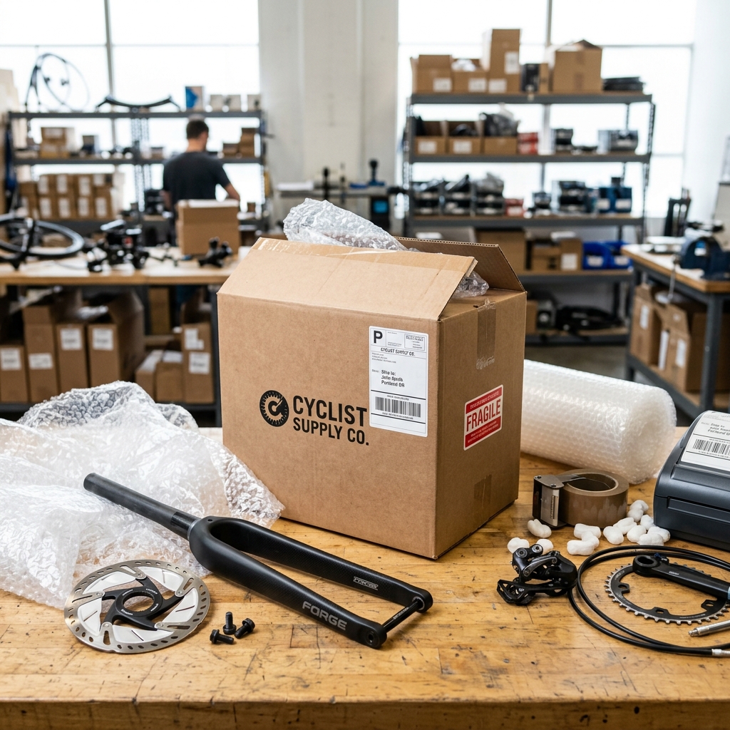 A boxes packing station with bicycle parts, illustrating e-commerce shipping and product compliance.